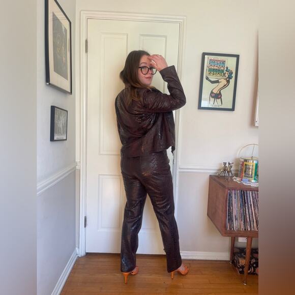 Y2K Vintage Faux Croc Skin Chocolate Brown Two Piece Pant Set - Picture 5 of 13